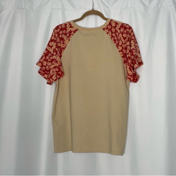 Roolee Tan Tee Shirt with flowy floral short sleeves Size XXXL - Picture 2 of 5